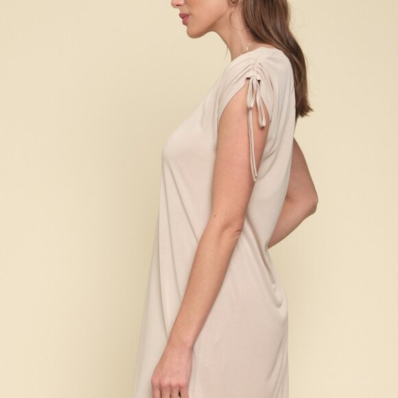 MYSTREE Beige Short Sleeve Tie Shoulder Dress, Soft Knit Casual T-Shirt Dress - Picture 3 of 5